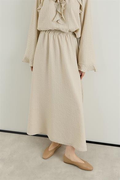 Volan Detaylı Bluz Etek Gofre Astarlı Takım Bej