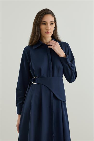 D tokalı Büyük Kemerli Keten Elbise Lacivert