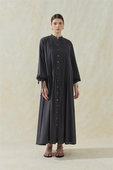 Nervürlü Astarlı Vual Elbise Füme