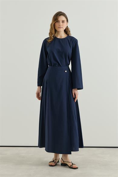 Asimetrik Kapamalı Pileli Etek bluz Keten Takım Lacivert