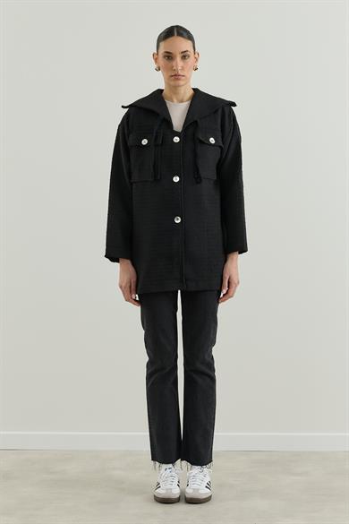 Geniş Yakalı Tüvit Ceket Siyah