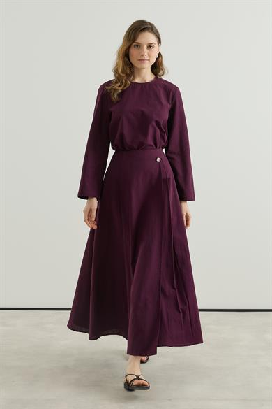 Asimetrik Kapamalı Pileli Etek bluz Keten Takım Bordo