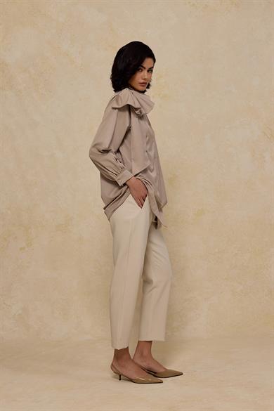 Fiyonklu Pamuk Saten Gömlek Gri