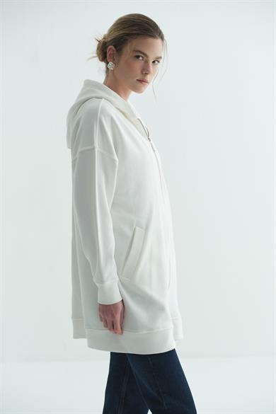 Üç İplik Kapüşonlu Fermuarlı Sweatshirt Ekru