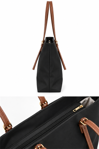 İnce Askılı Deri Detaylı Shopper Çanta