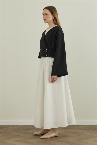 Düğme Detaylı Modal Kimono Bluz Siyah