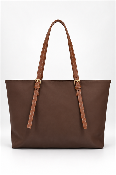 İnce Askılı Deri Detaylı Shopper Çanta