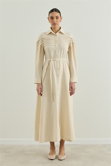 Nervür Detaylı Gömlek Elbise Bej