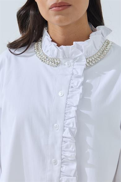 Su Yolu Taş Detaylı Poplin Gömlek Beyaz