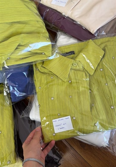 Outlet Taşlı Kate Gömlek Yağ Yeşili