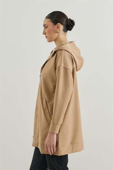 Kapüşonlu Fermuarlı Sweatshirt Camel