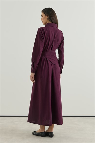 D tokalı Büyük Kemerli Keten Elbise Bordo