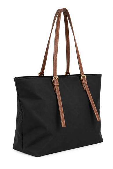 İnce Askılı Deri Detaylı Shopper Çanta