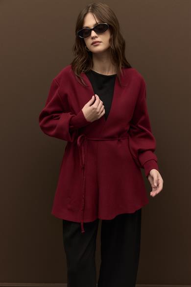 Biye Kemerli Volanlı Çelik Örme Triko Hırka Bordo