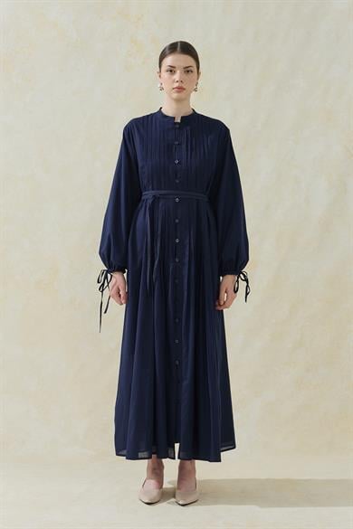 Nervürlü Astarlı Vual Elbise Lacivert