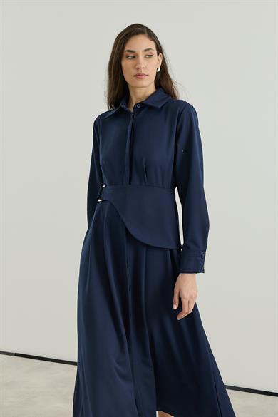 D tokalı Büyük Kemerli Keten Elbise Lacivert