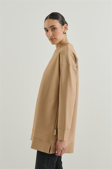 Üç İplik Kapüşonlu Fermuarlı Sweatshirt bej