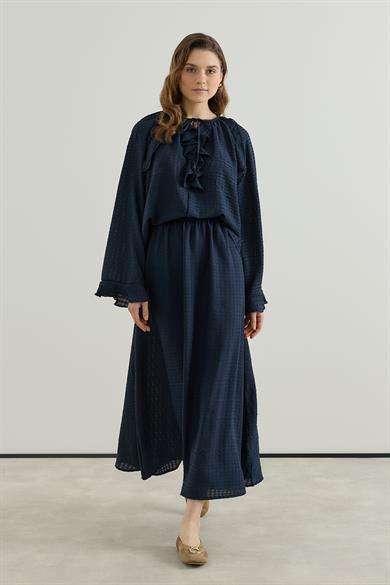 Volan Detaylı Bluz Etek Gofre Astarlı Takım Laciivert