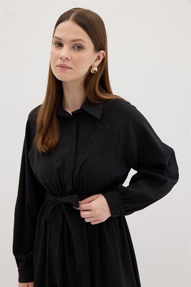 Nakışlı Modal Elbise Siyah