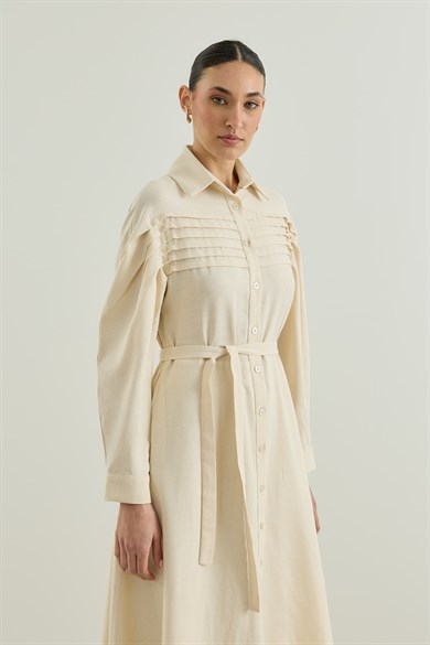 Nervür Detaylı Gömlek Elbise Bej