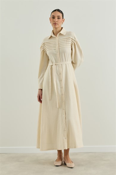 Nervür Detaylı Gömlek Elbise Bej