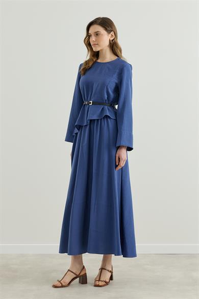 Asimetrik Bluzlu Kemerli Etek Takım İndigo