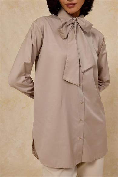 Boyun Bağlamalı Pamuk Saten Gömlek Gri