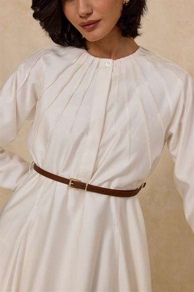 Godeli Nervürlü Elbise Beyaz