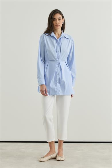 Belden Oturtmalı Pamuk Poplin Gömlek  Mavi