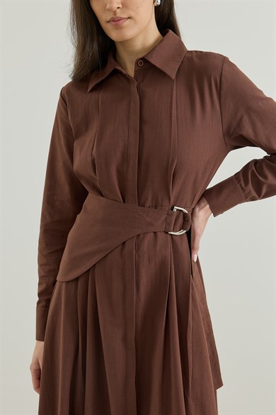 D tokalı Büyük Kemerli Keten Elbise Kahverengi