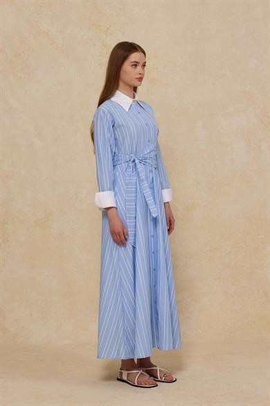 Çizgili Bağlama Detaylı Poplin Elbise