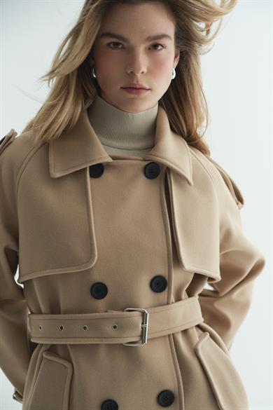 Rüzgarlıklı Kaşe Kaban bej