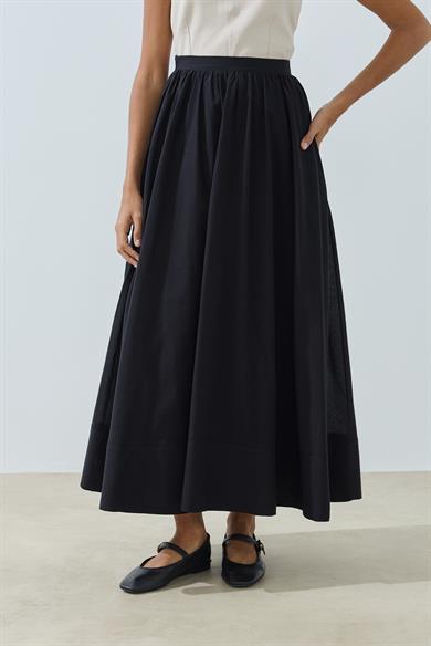 Büzgülü Geniş Katlamalı Astarlı Etek Siyah