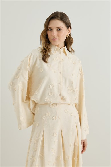 Viona Nakışlı Gömlek Etek Vual Takım Krem