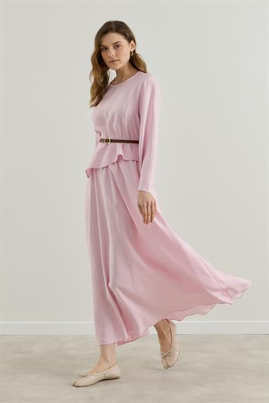 Asimetrik Bluzlu Kemerli Etek Takım Pembe