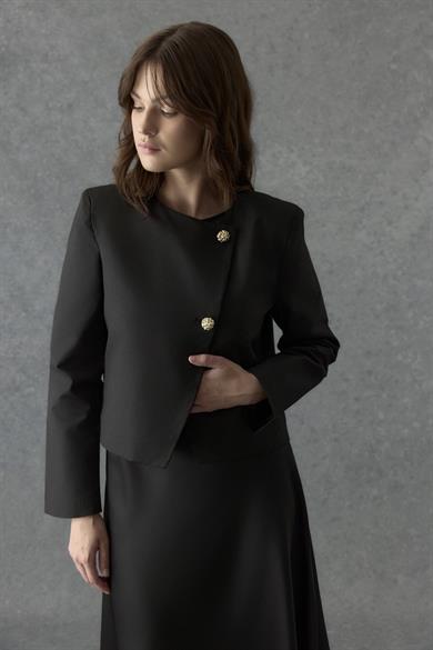 Asimetrik Kapamalı Gabardin Ceket Siyah