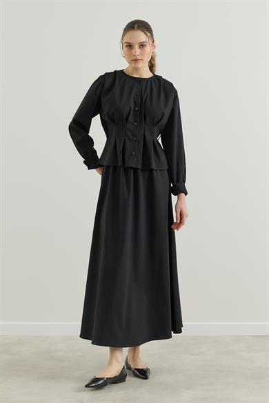 Pileli Kemerli Gömlek Etek Takım Siyah