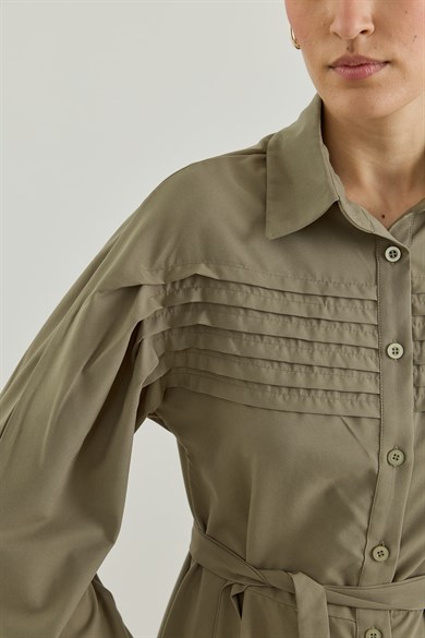 Nervür Detaylı Gömlek Elbise Haki