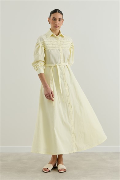 Nervür Detaylı Gömlek Elbise Sarı