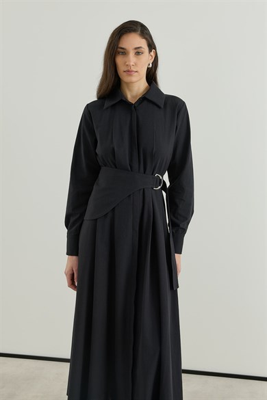 D tokalı Büyük Kemerli Keten Elbise Siyah