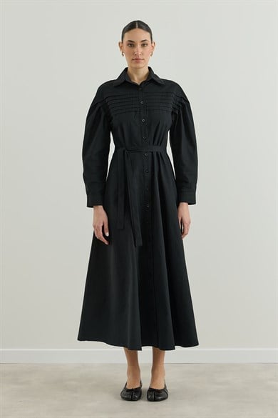 Nervür Detaylı Gömlek Elbise Siyah