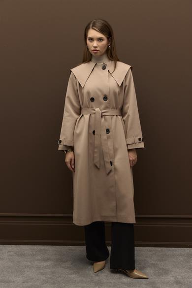 Elora Yaka Detaylı Pamuklu Gabardin Kruvaze Trençkot Vizon