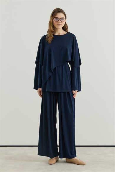 Asimetrik Kesim Tunik Pantolon Sandy Takım Lacivert