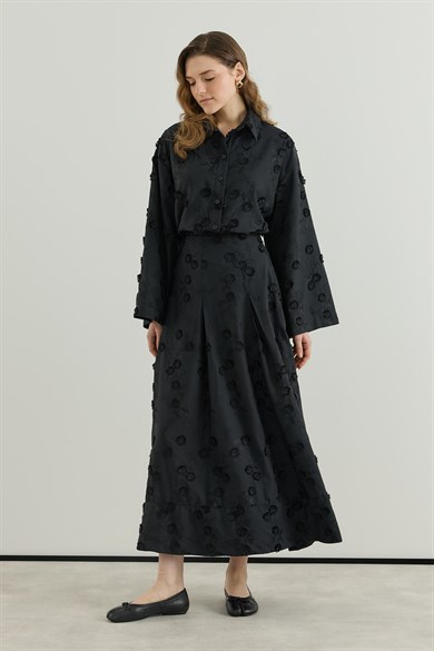 Viona Nakışlı Gömlek Etek Vual Takım Siyah