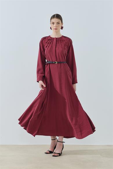 Godeli Nervürlü Elbise Bordo
