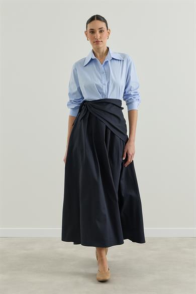 Seyyar Kumaş Kemerli Pileli Etek Lacivert