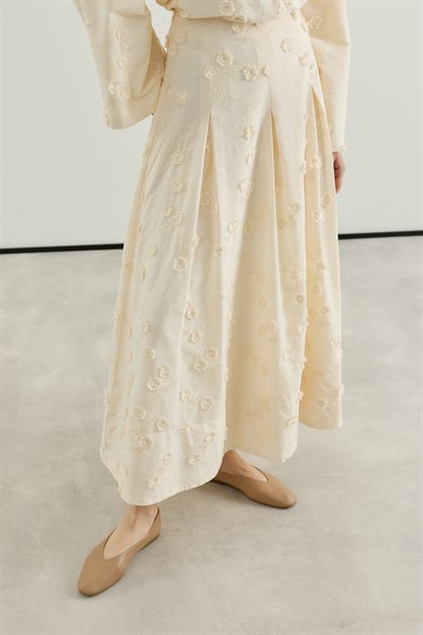 Viona Nakışlı Gömlek Etek Vual Takım Krem