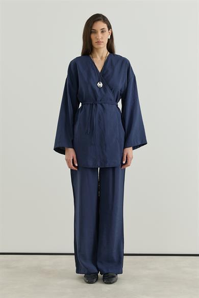 Anvelop Kapamalı Pantolonlu Kimono Takım Lacivert