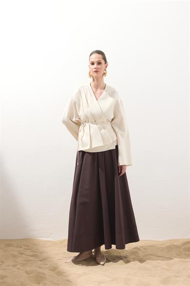 Pile Detaylı Anvelop Keten Kimono