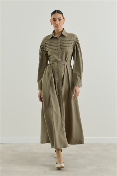 Nervür Detaylı Gömlek Elbise Haki